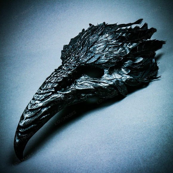Black Bird Curved Nose Feather Plague Doctor Mask - Picture 5 of 9